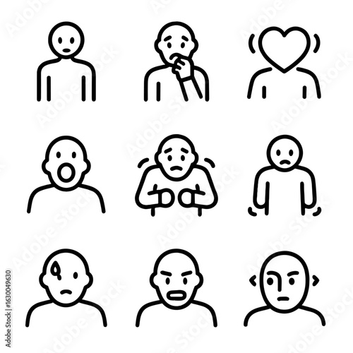 Fear Reaction Icons. Outline icon set of fear reactions: frozen figure, biting nails, heart pounding, wide open mouth, raised