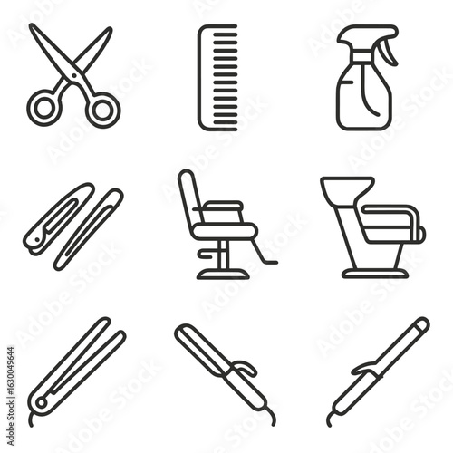 Hair Salon Icons. Outline icon set of hair salon equipment: scissors, comb, spray bottle, hairbrush, hair