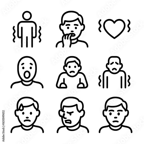 Fear Reaction Icons. Outline icon set of fear reactions: frozen figure, biting nails, heart pounding, wide open mouth, raised