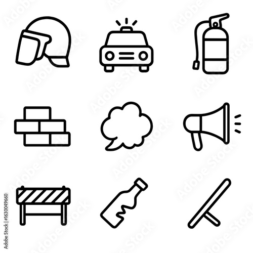 Riot and Chaos Icons. Outline icon set of riot and conflict: riot helmet, police car, fire extinguisher, bricks, smoke cloud,