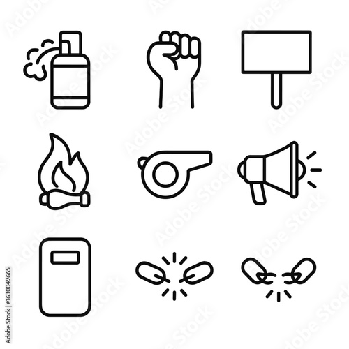 Riot Protest Icon Set. Outline icon set of riot and protest: tear gas, raised fist, protest sign, police barrier, burning object,