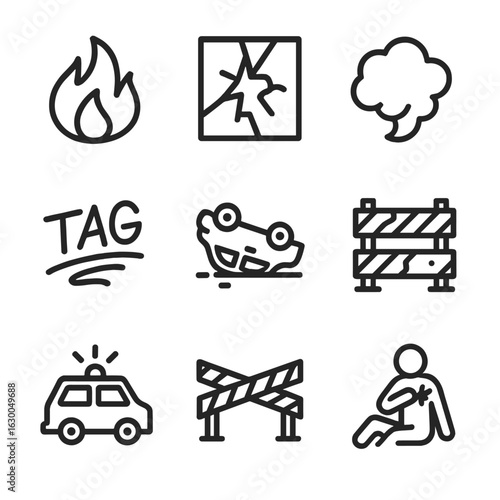 Riot Aftermath Icons. Outline icon set of riot aftermath: fire, broken glass, smoke cloud, graffiti, overturned car, damaged