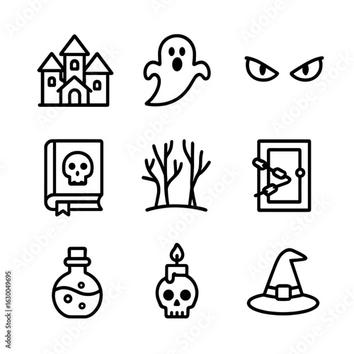 Fear Story Icons. Outline icon set of fear in stories: haunted house, ghost, monster eyes, cursed book, dark forest, chained door,