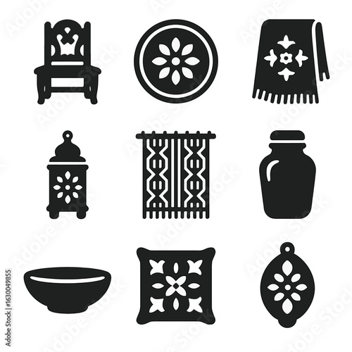 Handcrafted Décor Icons. Solid, filled icons set of Traditional handcrafted décor: carved chair, pottery plate