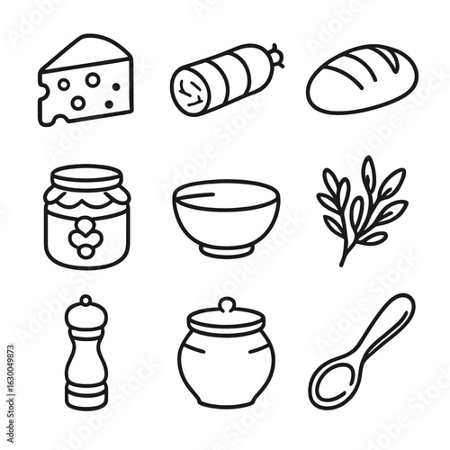 Handcrafted Food Icons. Outline icon set of handcrafted food items: cheese wheel, cured meat, bread loaf,