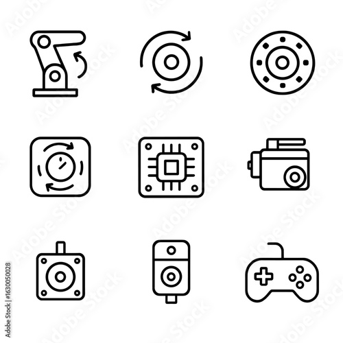 Robotics Control Icons. Outline icon set of rotation control in robotics: robotic arm joint, rotary actuator, encoder feedback,