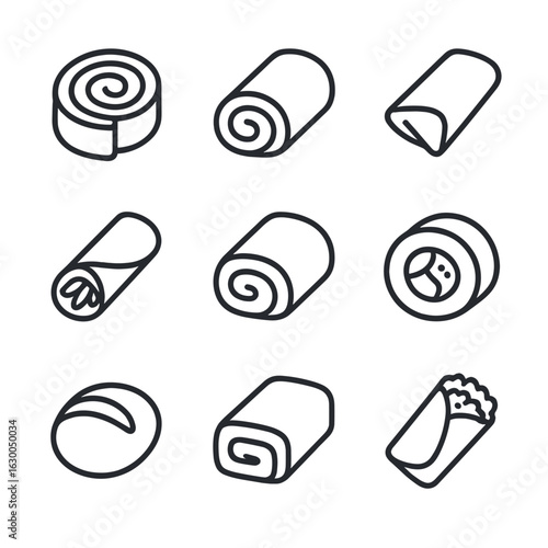 Rolling Food Icons. Outline icon set of rolling food items: cinnamon roll, jelly roll, egg roll, spring roll, Swiss roll, sushi