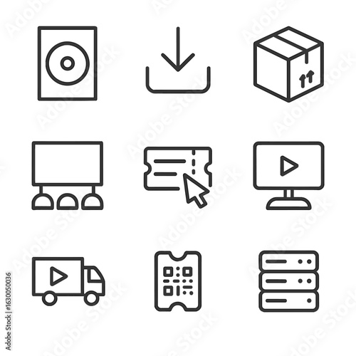 Film Distribution Icons. Outline icon set of film distribution: DVD case, digital download icon, shipping box, cinema screen,