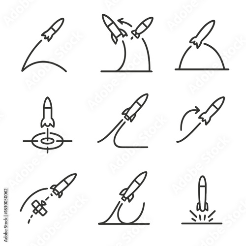 Rocket Trajectories Icons. Outline icon set of missile and rocket trajectories: launch path, booster separation, re-entry curve,