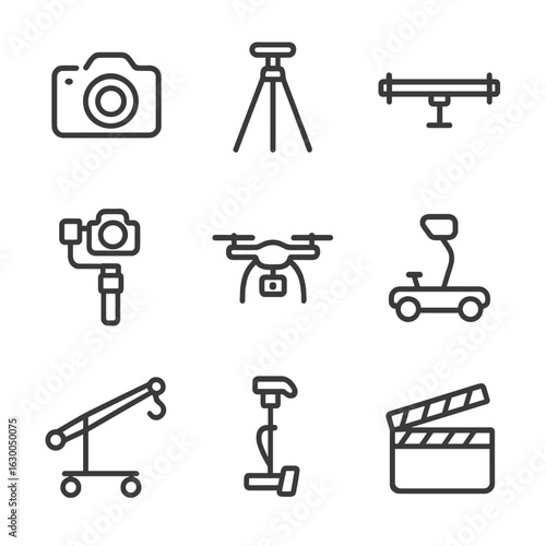Film Equipment Icons. Outline icon set of film shot equipment: camera, tripod, slider, gimbal, drone, dolly, crane, steadicam,