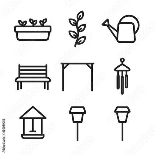 Rooftop Garden Icons. Outline icon set of rooftop garden fresh air: planter box outline, climbing vine, watering can silhouette,