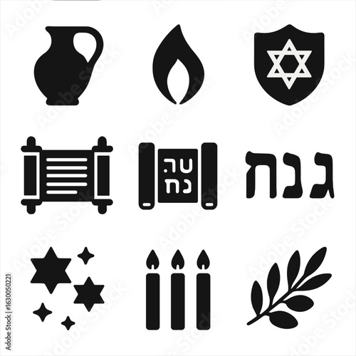Hanukkah Icon Grid. Solid, filled icons set of symbolic Hanukkah elements: oil jug, menorah flame, Maccabee