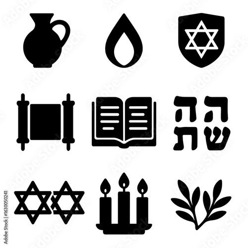 Hanukkah Icon Grid. Solid, filled icons set of symbolic Hanukkah elements: oil jug, menorah flame, Maccabee