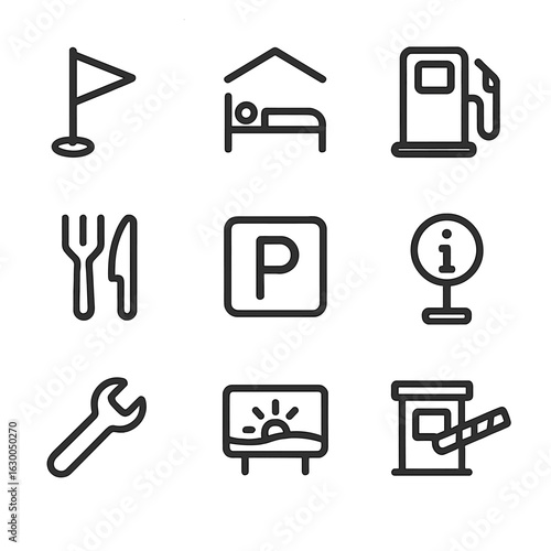 Route Milestone Icons. Outline icon set of route milestones and checkpoints: checkpoint flag, rest stop, gas station, food stop,