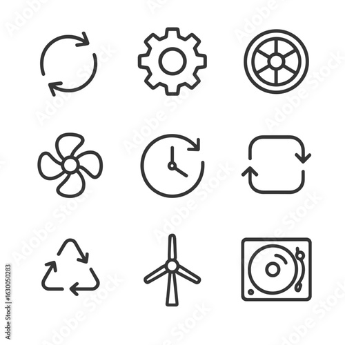 Rotation Icon Set. Outline icon set of rotation: spinning arrow, gear, wheel, fan, clock, rotating square, recycling symbol,
