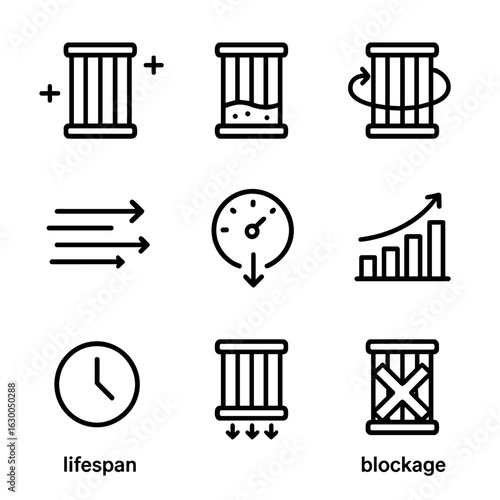 Filter Indicator Icons. Outline icon set of filter indicators: clean, dirty, replace, flow rate, pressure drop, efficiency,
