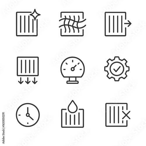 Filter Indicator Icons. Outline icon set of filter indicators: clean, dirty, replace, flow rate, pressure drop, efficiency,