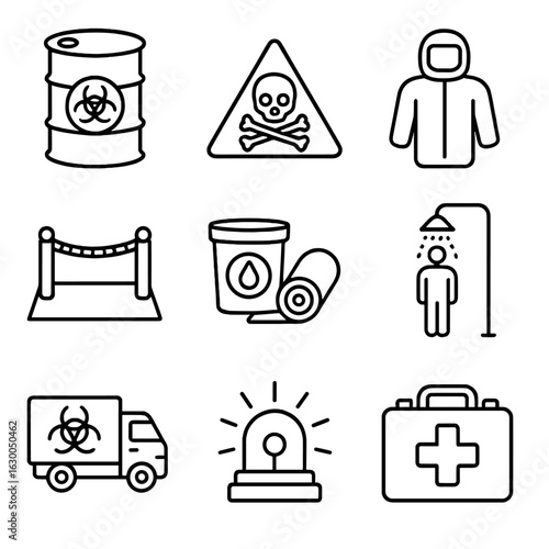 Hazardous Waste Icons. Outline icon set of hazardous waste handling: toxic barrel, warning label, protective