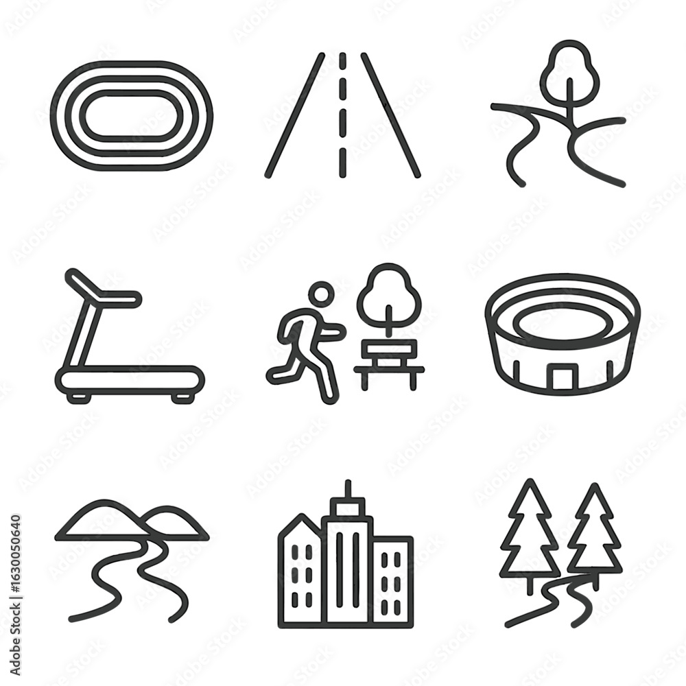 Fototapeta premium Running Icon Set. Outline icon set of running environment: track, road, trail, treadmill, park, stadium, cityscape, hills, forest