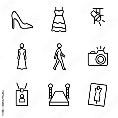 Runway Fashion Icons. Outline icon set of runway fashion: high heels, designer dress, spotlight, model figure, walk pose, camera