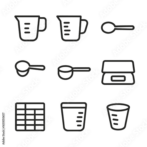 Culinary Measurement Icons. Outline icon set of culinary measuring: dry cup, liquid cup, teaspoon, tablespoon, milliliter beaker,