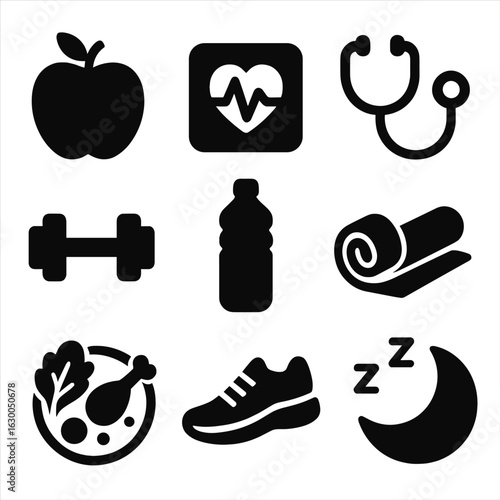 Health Icons Grid. Solid, filled icons set of health and wellness awareness: apple, heart rate monitor,