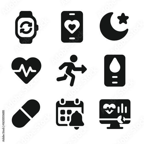 Health Integration Icons. Solid, filled icons set of health integration: wearable sync, health app connection,