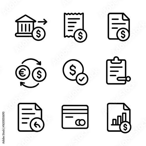 Financial Transaction Icons. Outline icon set of tracking financial transactions: bank transfer, payment receipt, invoice, cash