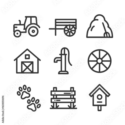 Rural Life Icons. Outline icon set of dusty rural life: tractor, wooden cart, haystack, barn, water pump, wheel, animal tracks,
