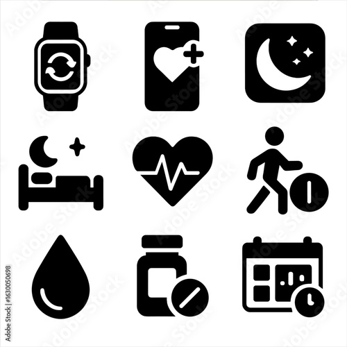 Health Integration Icons. Solid, filled icons set of health integration: wearable sync, health app connection,