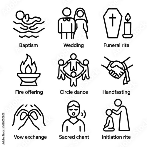 Sacred Ceremonies Icons. Outline icon set of sacred ceremonies: baptism, wedding, funeral rite, fire offering, circle dance,