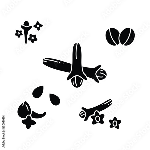 Elegant clove silhouette isolated on white background displaying various arrangements of the aromatic spice in a clean and minimalist style