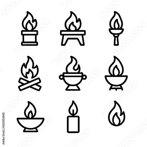 Sacred Flame Icons. Outline icon set of sacred flame: eternal flame, altar fire, torch, ceremonial fire, incense burner, ritual