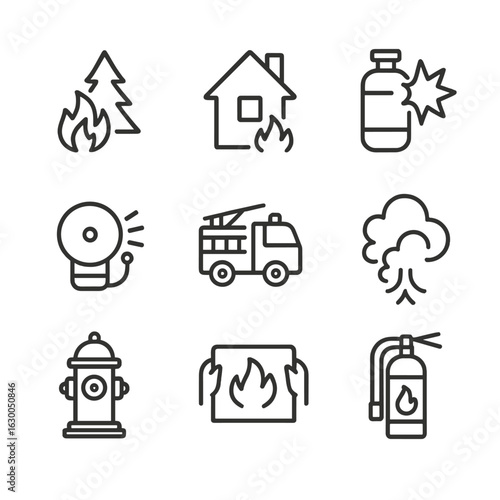 Fire Disaster Icons. Outline icon set of disaster types – fire-related: wildfire, house fire, gas explosion, fire alarm, fire