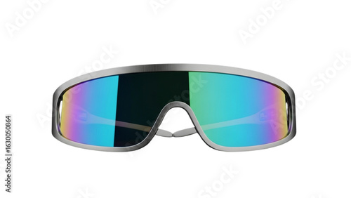 Futuristic shield sunglasses with iridescent mirrored lenses on a white background