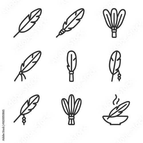 Sacred Feather Icons. Outline icon set of sacred feathers: eagle feather, smudging feather, ceremonial fan, offering feather,