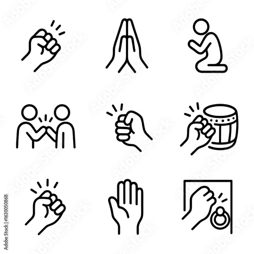 Cultural Knock Icons. Outline icon set of knock in culture: ritual knock, cultural greeting, knock in prayer, ceremonial knock,