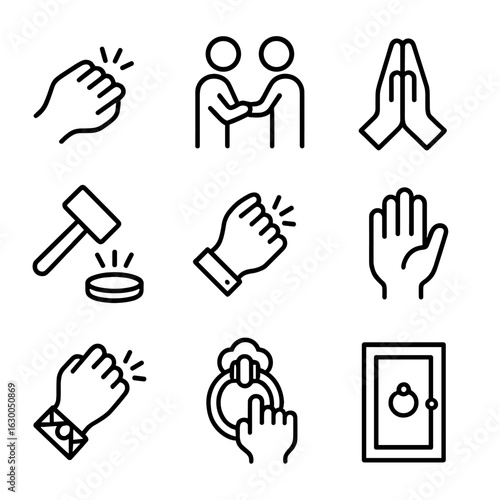 Cultural Knock Icons. Outline icon set of knock in culture: ritual knock, cultural greeting, knock in prayer, ceremonial knock,