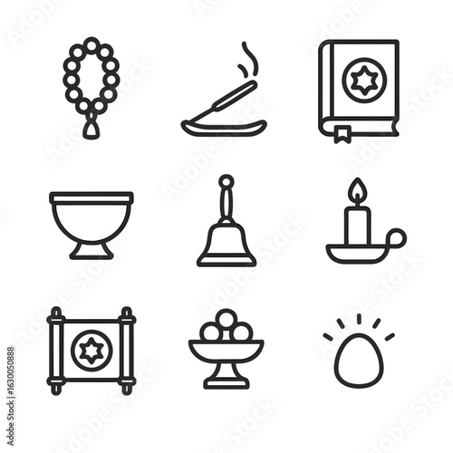 Sacred Objects Icon Set. Outline icon set of sacred objects: prayer beads, incense stick, holy book, altar bowl, ritual bell,