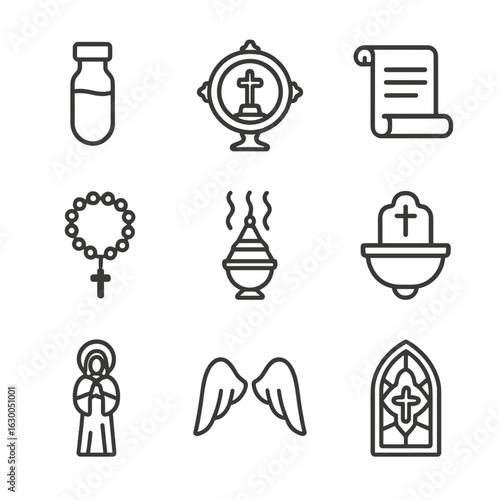 Sacred Relics Icons. Outline icon set of sacred relics: vial of blood, relic case, ancient scroll, rosary beads, incense burner,