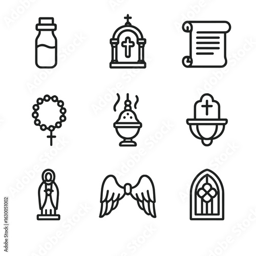 Sacred Relics and Texts. Outline icon set of sacred relics: vial of blood, relic case, ancient scroll, rosary beads, incense