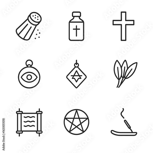 Curse Removal Icons. Outline icon set of curse removal objects: salt, holy water, silver cross, amulet, talisman, purification