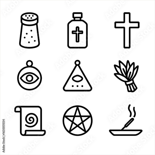 Curse Removal Icons. Outline icon set of curse removal objects: salt, holy water, silver cross, amulet, talisman, purification