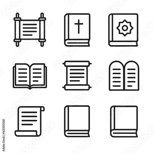Sacred Texts Icons. Outline icon set of sacred texts: Torah, Bible, Quran, Vedas, Sutras, scroll, tablet, manuscript, codex. Line