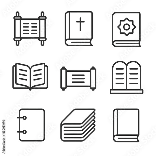 Sacred Texts Icons. Outline icon set of sacred texts: Torah, Bible, Quran, Vedas, Sutras, scroll, tablet, manuscript, codex. Line