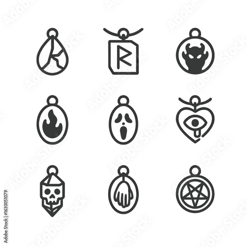 Cursed Amulets Icons. Outline icon set of cursed amulets: cracked gem, broken rune pendant, shadow medallion, black flame charm,