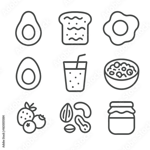 Healthy Breakfast Icons. Outline icon set of healthy breakfast: avocado, toast, fried egg, boiled egg,