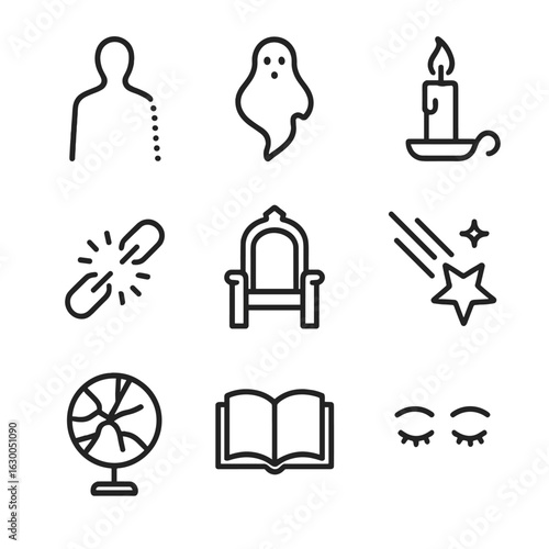 Sacrifice Icon Set. Outline icon set of ultimate sacrifice: fading silhouette, rising spirit, extinguished candle, broken chain,