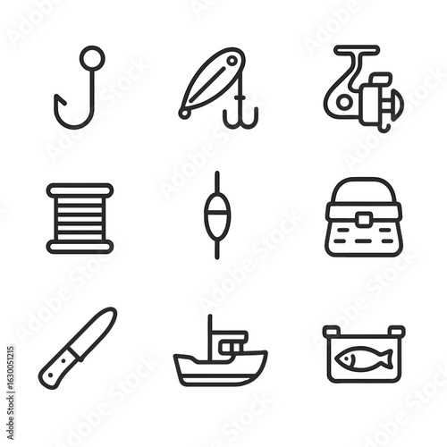 Fishing Gear Icons. Outline icon set of catch tools: fishing hook, bait, fishing reel, fishing line, fishing float, fishing basket