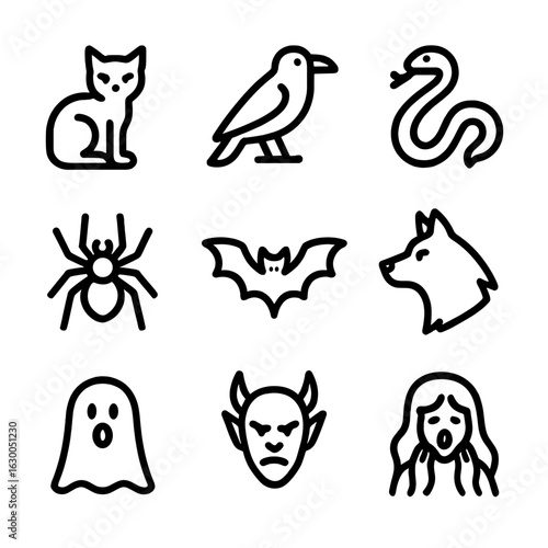 Cursed Creatures Icons. Outline icon set of cursed creatures: black cat, raven, snake, spider, bat, wolf, ghost, demon, banshee.